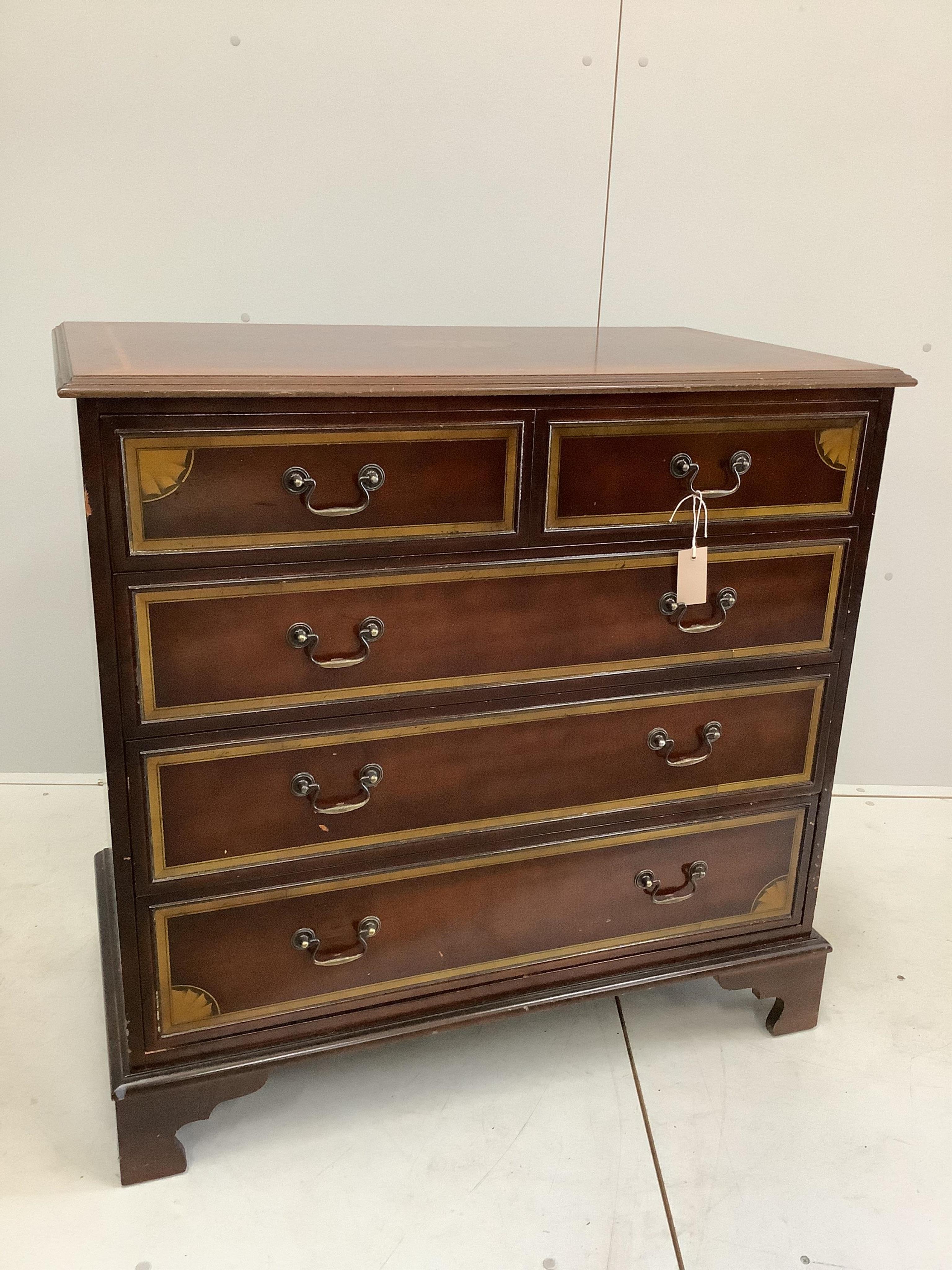 An Edwardian style inlaid mahogany chest of five drawers, width 94cm, depth 52cm, height 92cm